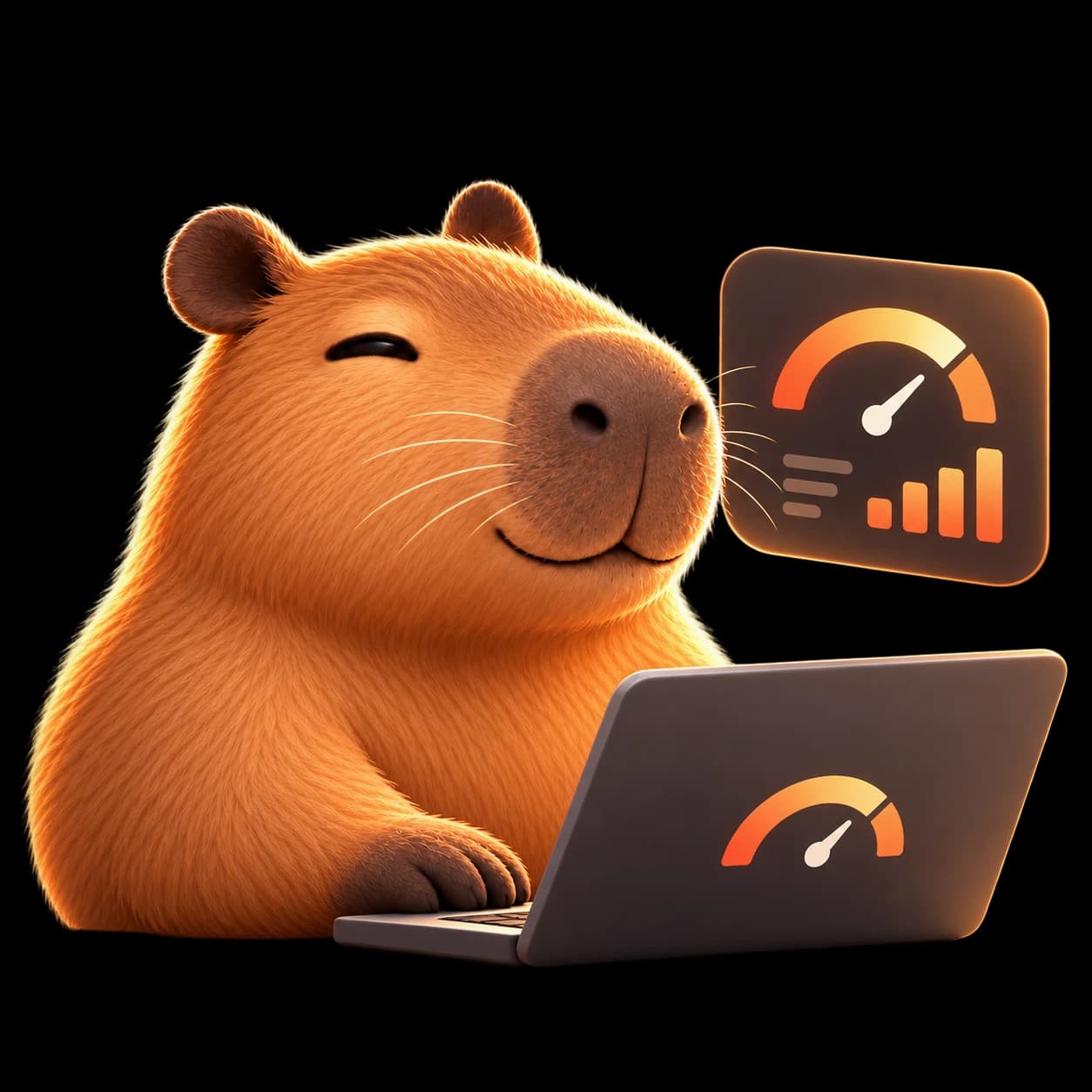 Capybara mascot using a laptop beside an orange usage meter